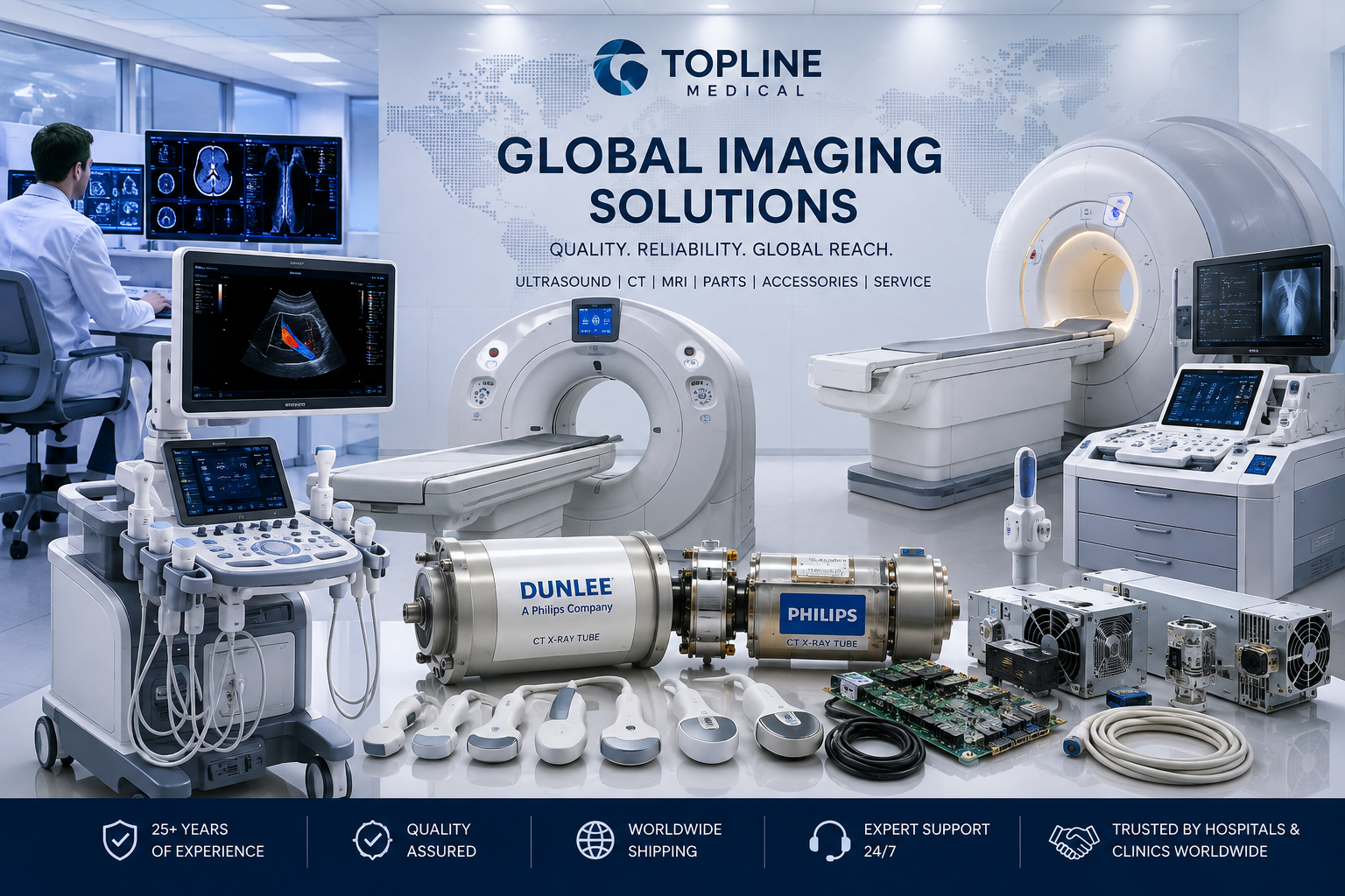 Topline Medical global imaging equipment solutions featuring ultrasound, CT, MRI, CT tubes, probes, parts and accessories